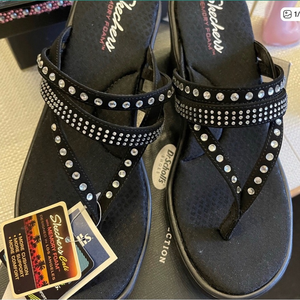 Skechers Black Rhinestone Memory Foam Thong Sandals - Picture 5 of 9